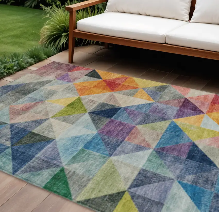 Beige Navy Blue And Orange Geometric Washable Indoor Outdoor Area Rug Photo 2