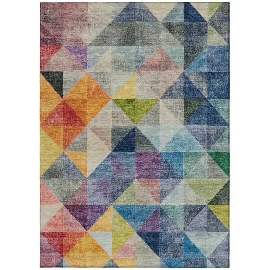 Beige Navy Blue And Orange Geometric Washable Indoor Outdoor Area Rug Photo 8