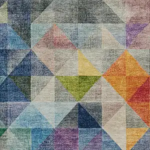 Photo of Beige Navy Blue And Orange Geometric Washable Indoor Outdoor Area Rug