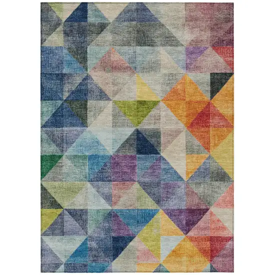 Beige Navy Blue And Orange Geometric Washable Indoor Outdoor Area Rug Photo 7