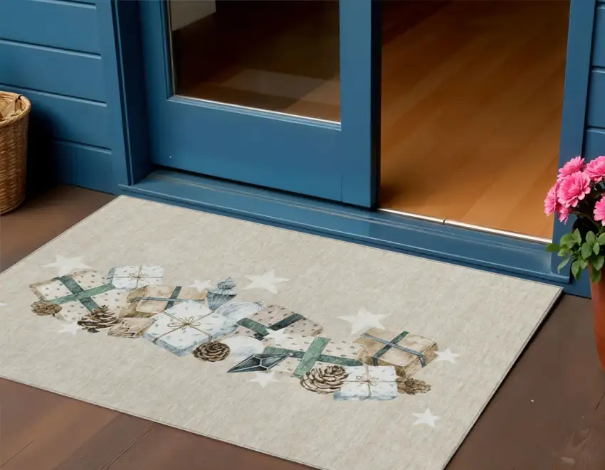 Beige Navy Blue Ivory And Taupe Geometric Washable Indoor Outdoor Area Rug Photo 2