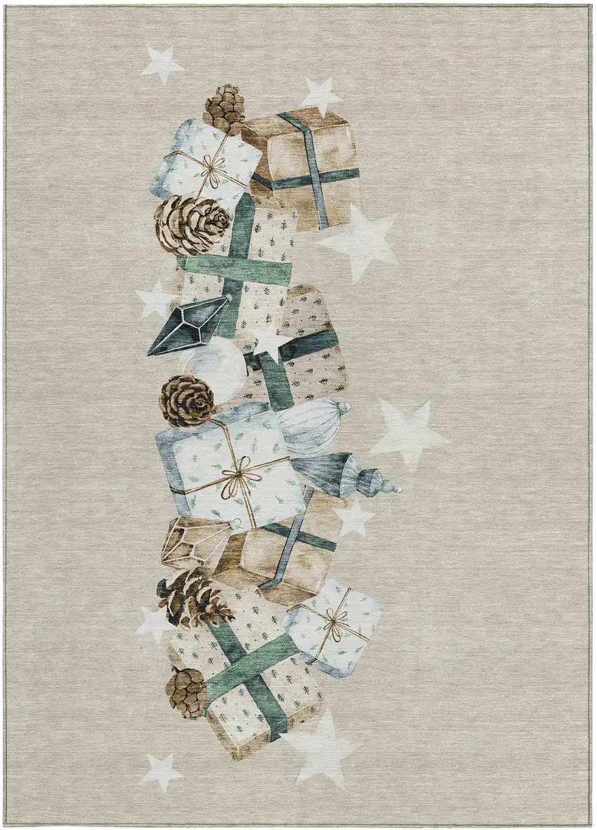 Beige Navy Blue Ivory And Taupe Geometric Washable Indoor Outdoor Area Rug Photo 3