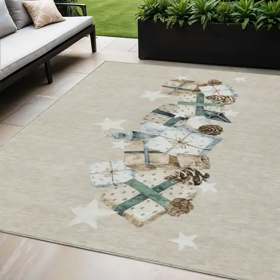 Beige Navy Blue Ivory And Taupe Geometric Washable Indoor Outdoor Area Rug Photo 2
