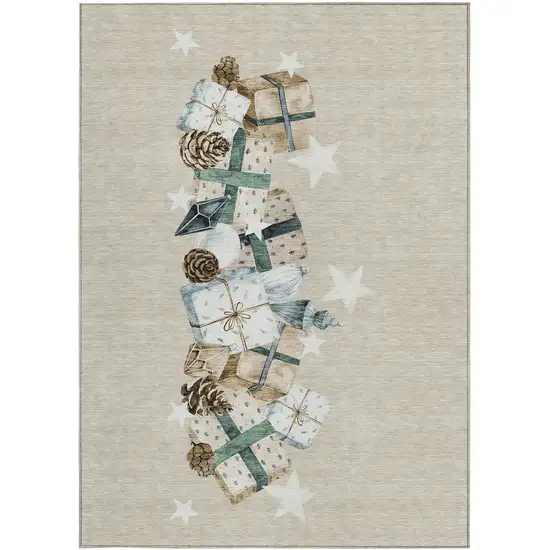 Beige Navy Blue Ivory And Taupe Geometric Washable Indoor Outdoor Area Rug Photo 3