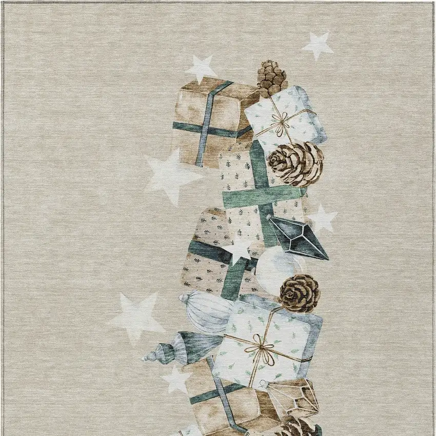 Beige Navy Blue Ivory And Taupe Geometric Washable Indoor Outdoor Area Rug Photo 9