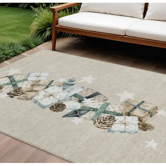 Beige Navy Blue Ivory And Taupe Geometric Washable Indoor Outdoor Area Rug Photo 2