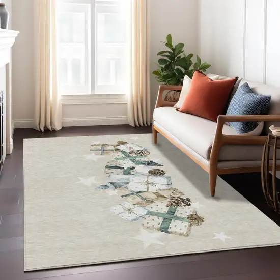 Beige Navy Blue Ivory And Taupe Geometric Washable Indoor Outdoor Area Rug Photo 7