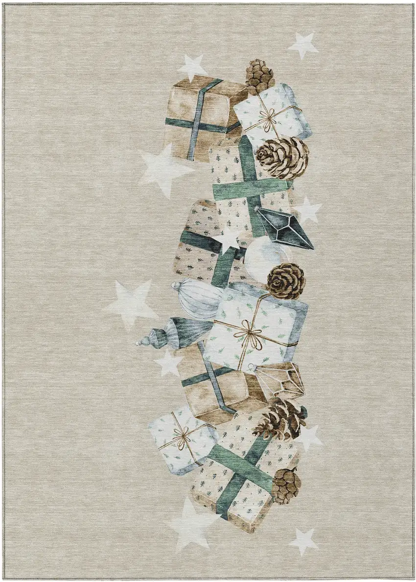 Beige Navy Blue Ivory And Taupe Geometric Washable Indoor Outdoor Area Rug Photo 1