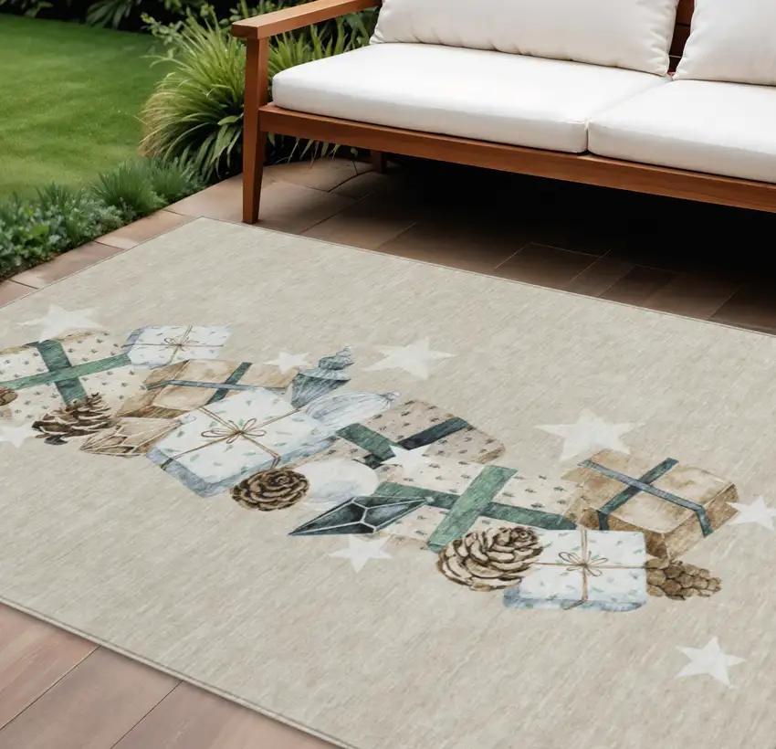 Beige Navy Blue Ivory And Taupe Geometric Washable Indoor Outdoor Area Rug Photo 2