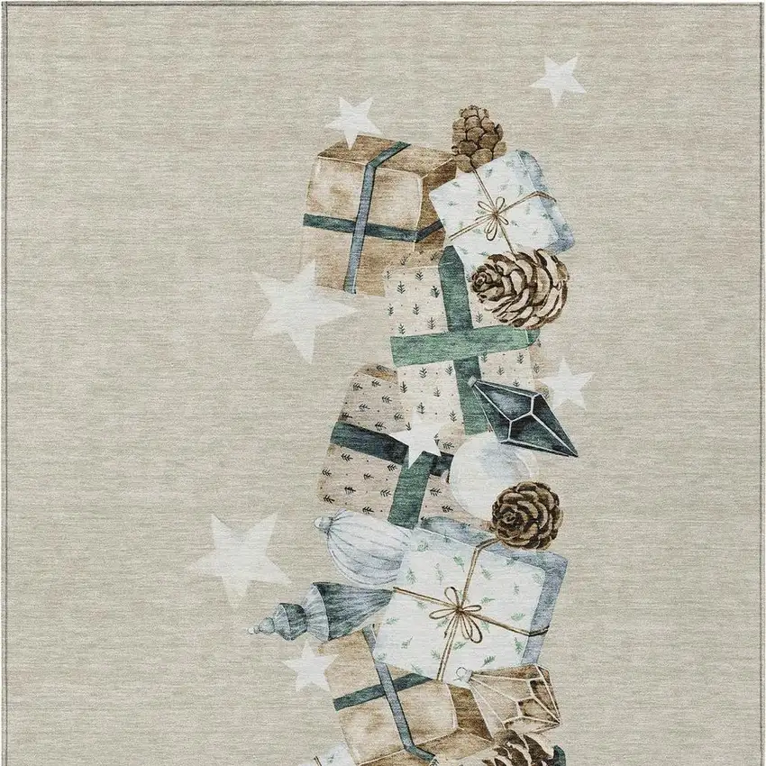 Beige Navy Blue Ivory And Taupe Geometric Washable Indoor Outdoor Area Rug Photo 4