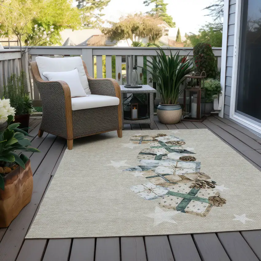 Beige Navy Blue Ivory And Taupe Geometric Washable Indoor Outdoor Area Rug Photo 8