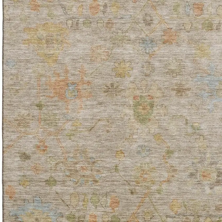 Beige Orange And Blue Floral Washable Area Rug With UV Protection Photo 3