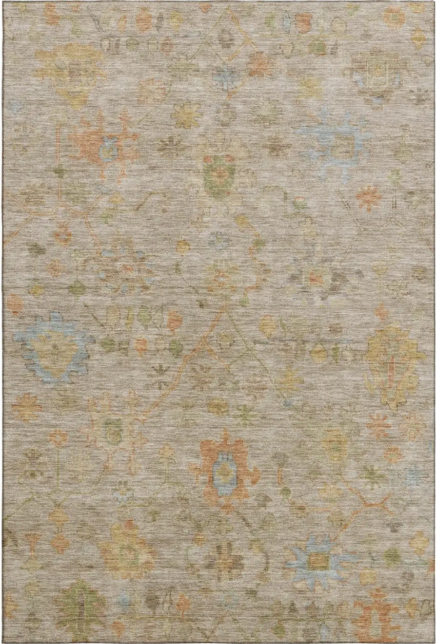 Beige Orange And Blue Floral Washable Area Rug With UV Protection Photo 1