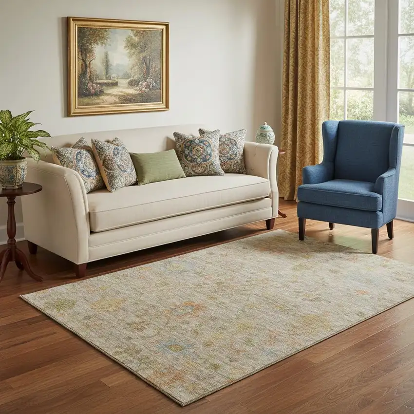 Beige Orange And Blue Floral Washable Area Rug With UV Protection Photo 2