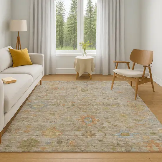 Beige Orange And Blue Floral Washable Area Rug With UV Protection Photo 6