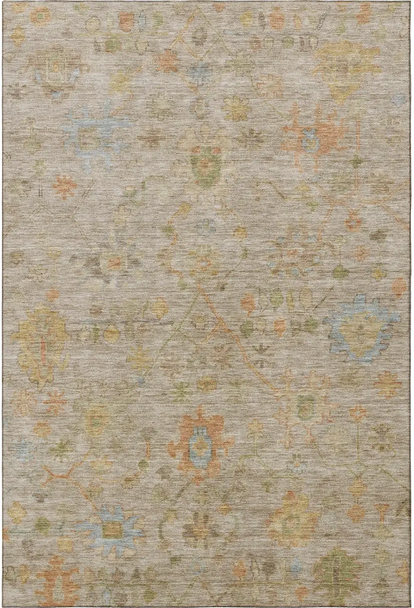 Beige Orange And Blue Floral Washable Area Rug With UV Protection Photo 4