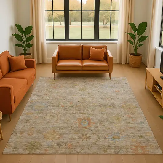 Beige Orange And Blue Floral Washable Area Rug With UV Protection Photo 5