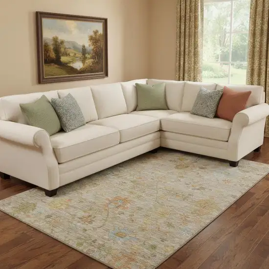 Beige Orange And Blue Floral Washable Area Rug With UV Protection Photo 2