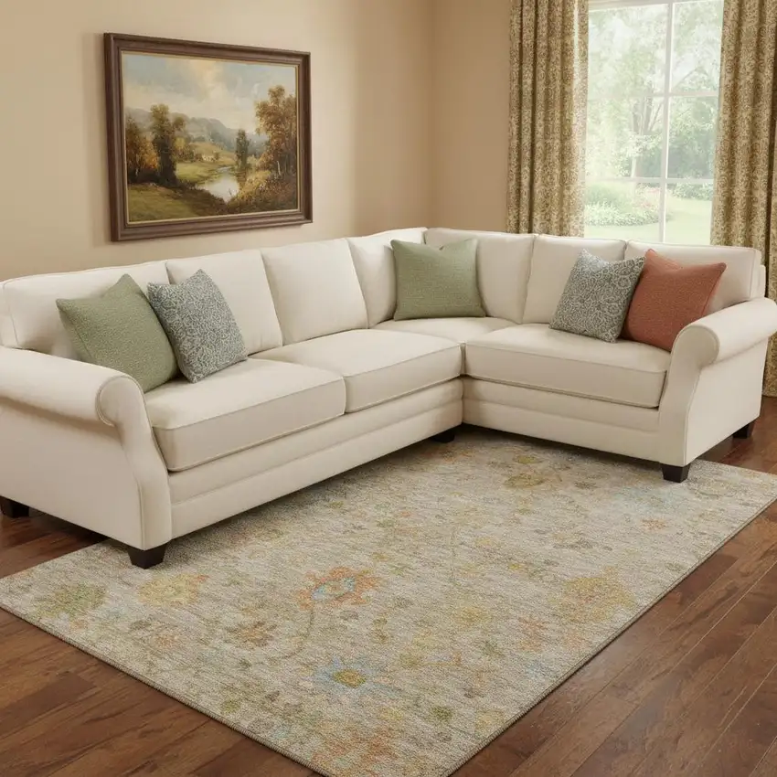 Beige Orange And Blue Floral Washable Area Rug With UV Protection Photo 2