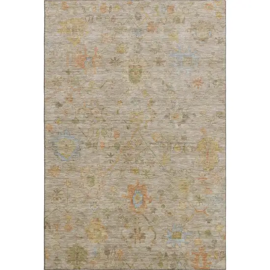 Beige Orange And Blue Floral Washable Area Rug With UV Protection Photo 1