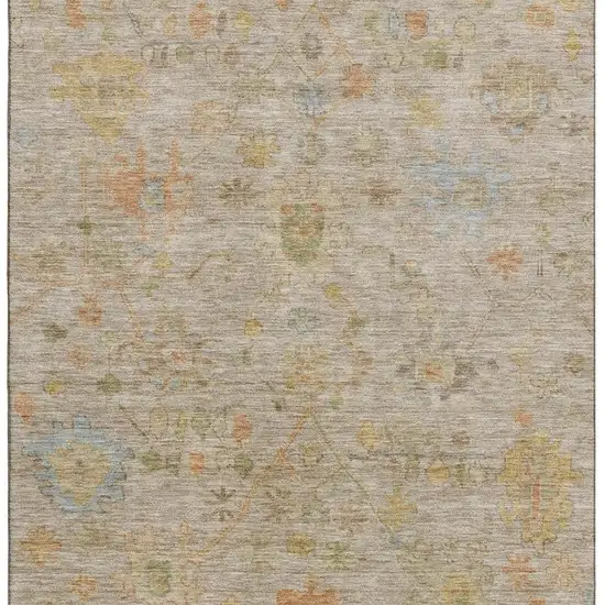 Beige Orange And Blue Floral Washable Area Rug With UV Protection Photo 4