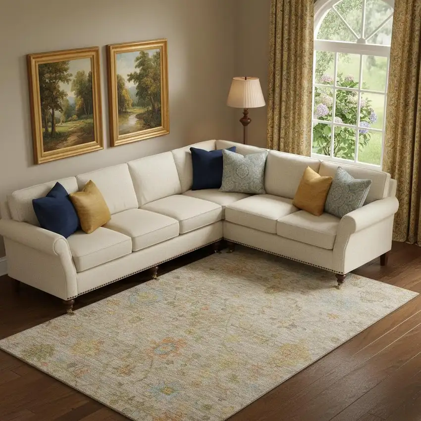 Beige Orange And Blue Floral Washable Area Rug With UV Protection Photo 2