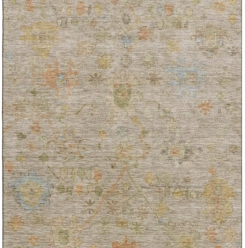 Beige Orange And Blue Floral Washable Area Rug With UV Protection Photo 3