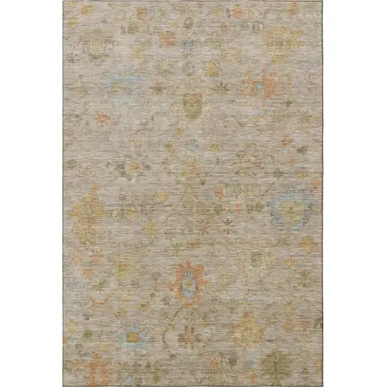Beige Orange And Blue Floral Washable Area Rug With UV Protection Photo 4