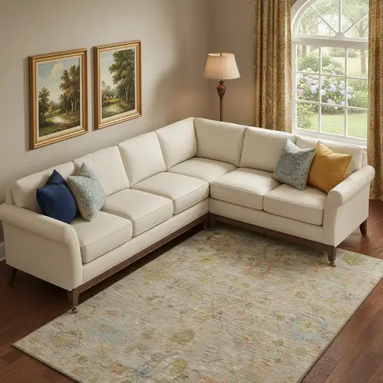 Beige Orange And Blue Floral Washable Area Rug With UV Protection Photo 2