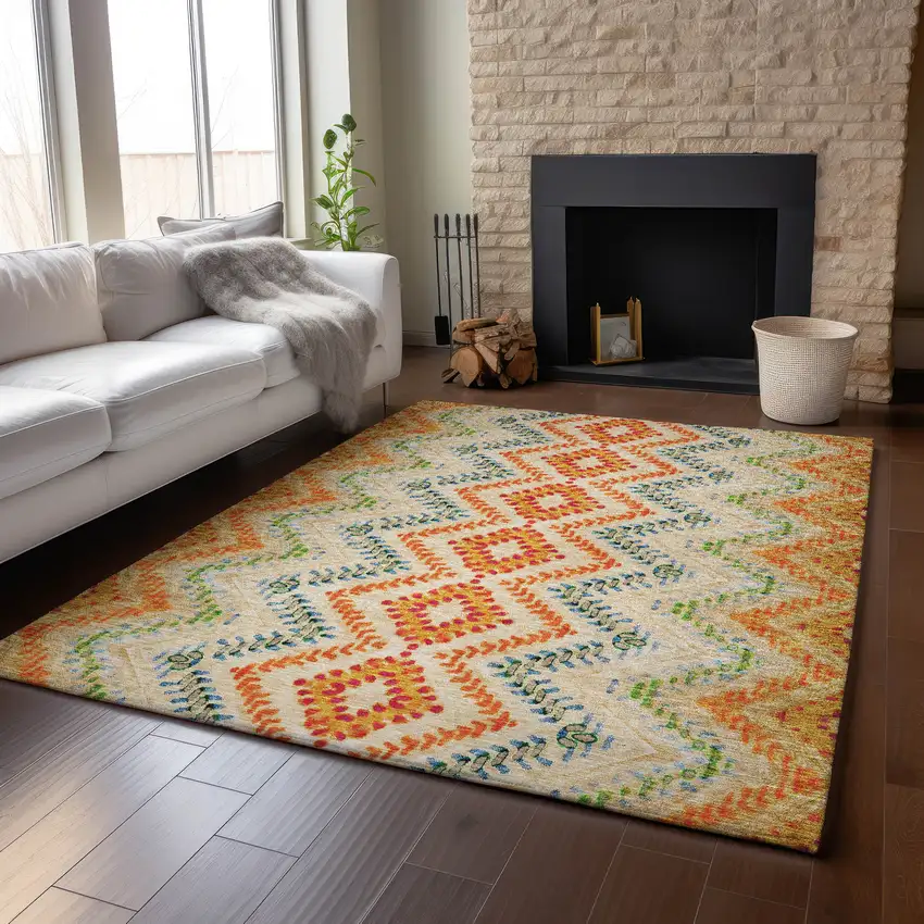 Beige Orange And Blue Geometric Washable Area Rug With UV Protection Photo 5