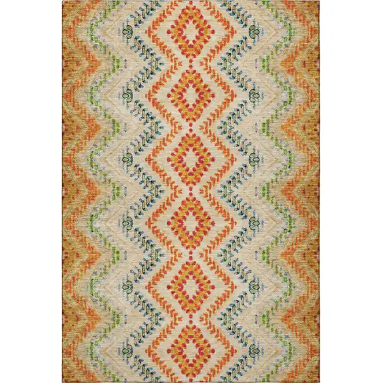 Beige Orange And Blue Geometric Washable Area Rug With UV Protection Photo 3