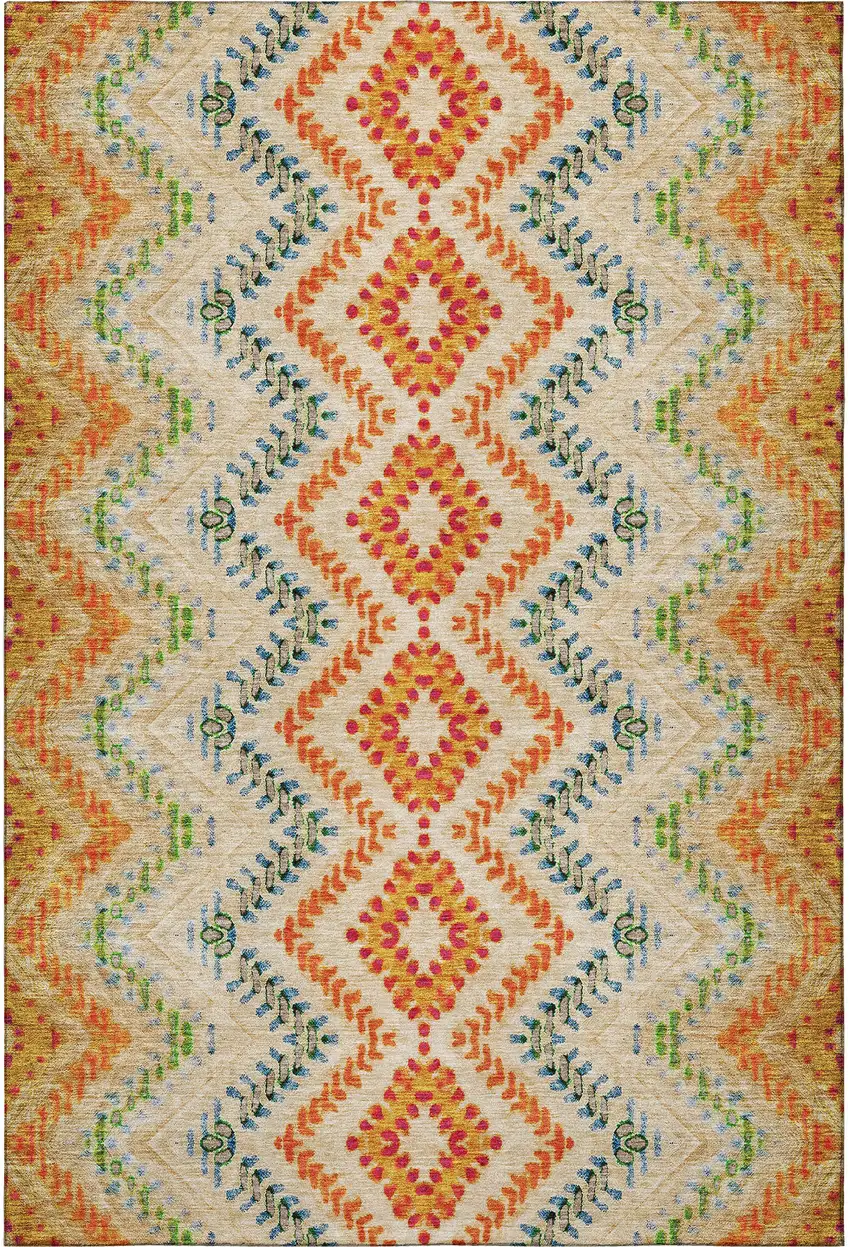 Beige Orange And Blue Geometric Washable Area Rug With UV Protection Photo 3