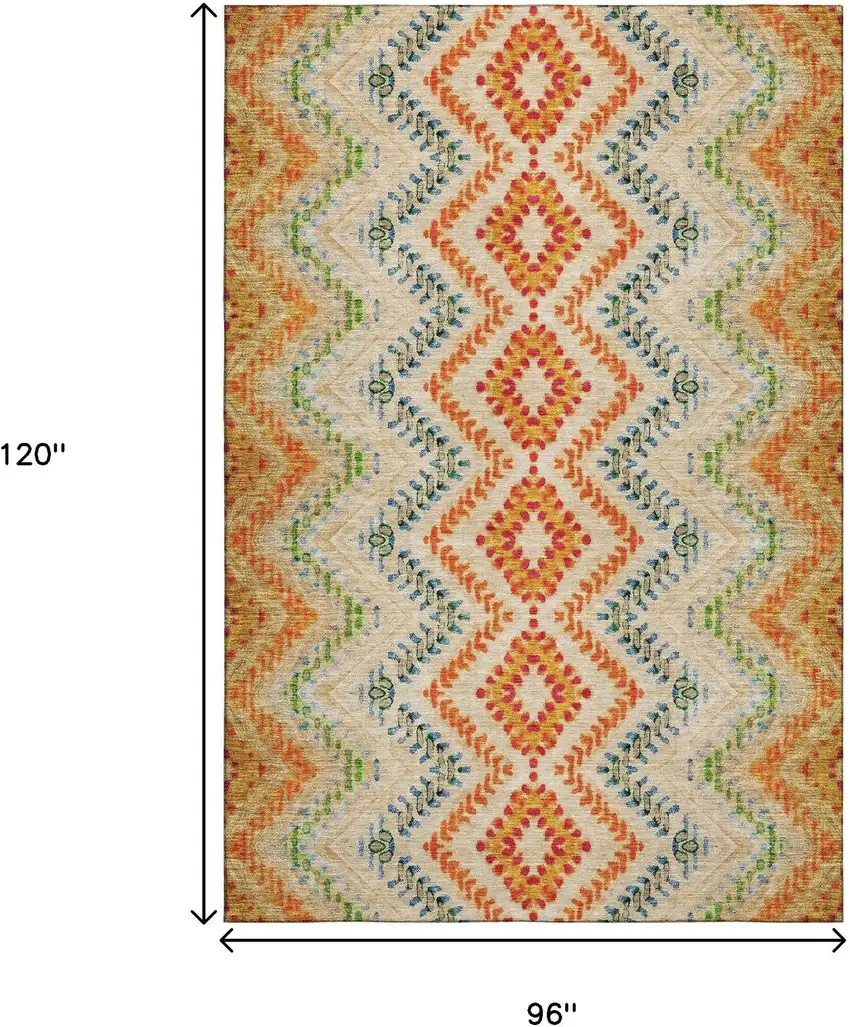 Beige Orange And Blue Geometric Washable Area Rug With UV Protection Photo 3