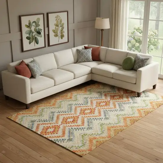 Beige Orange And Blue Geometric Washable Area Rug With UV Protection Photo 1