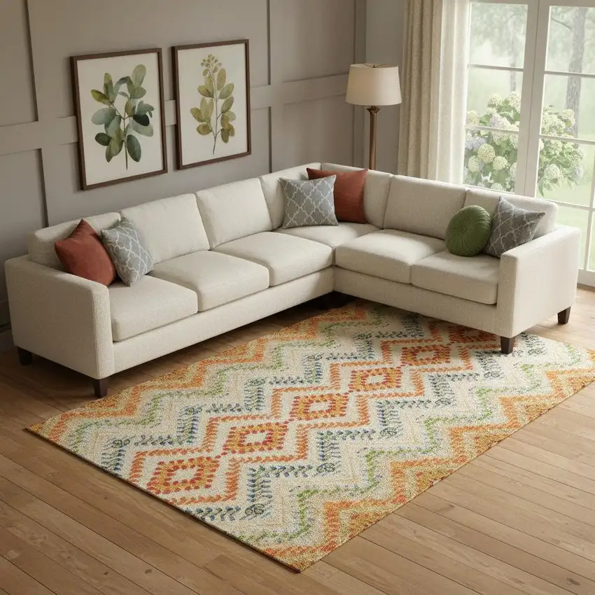 Beige Orange And Blue Geometric Washable Area Rug With UV Protection Photo 1