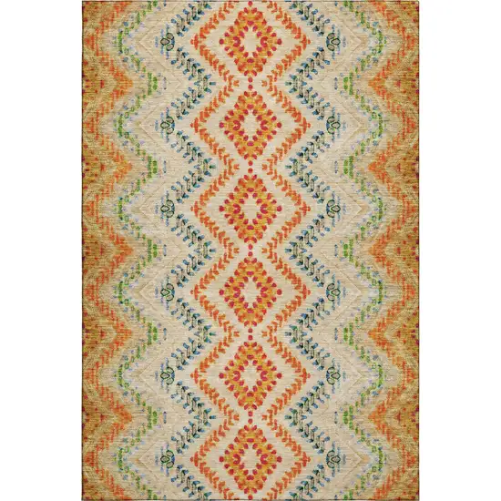 Beige Orange And Blue Geometric Washable Area Rug With UV Protection Photo 1