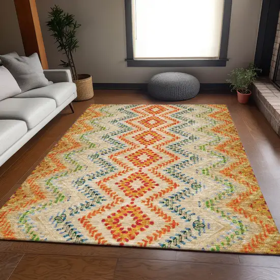 Beige Orange And Blue Geometric Washable Area Rug With UV Protection Photo 4