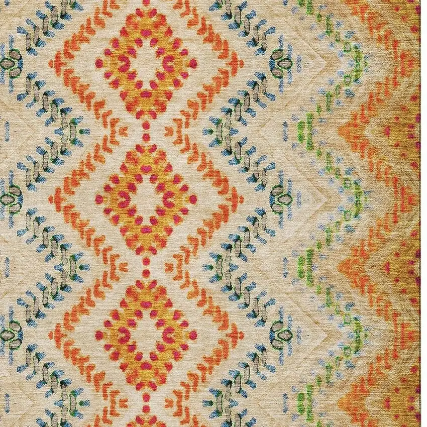 Beige Orange And Blue Geometric Washable Area Rug With UV Protection Photo 3