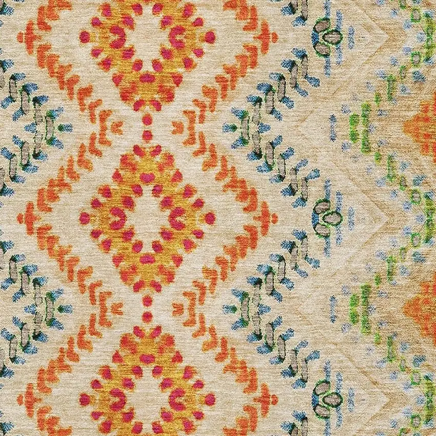 Beige Orange And Blue Geometric Washable Area Rug With UV Protection Photo 2