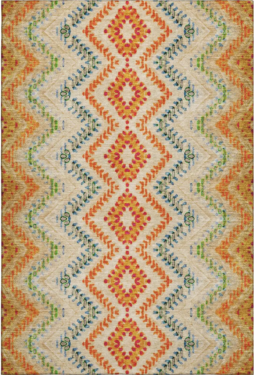 Beige Orange And Blue Geometric Washable Area Rug With UV Protection Photo 1
