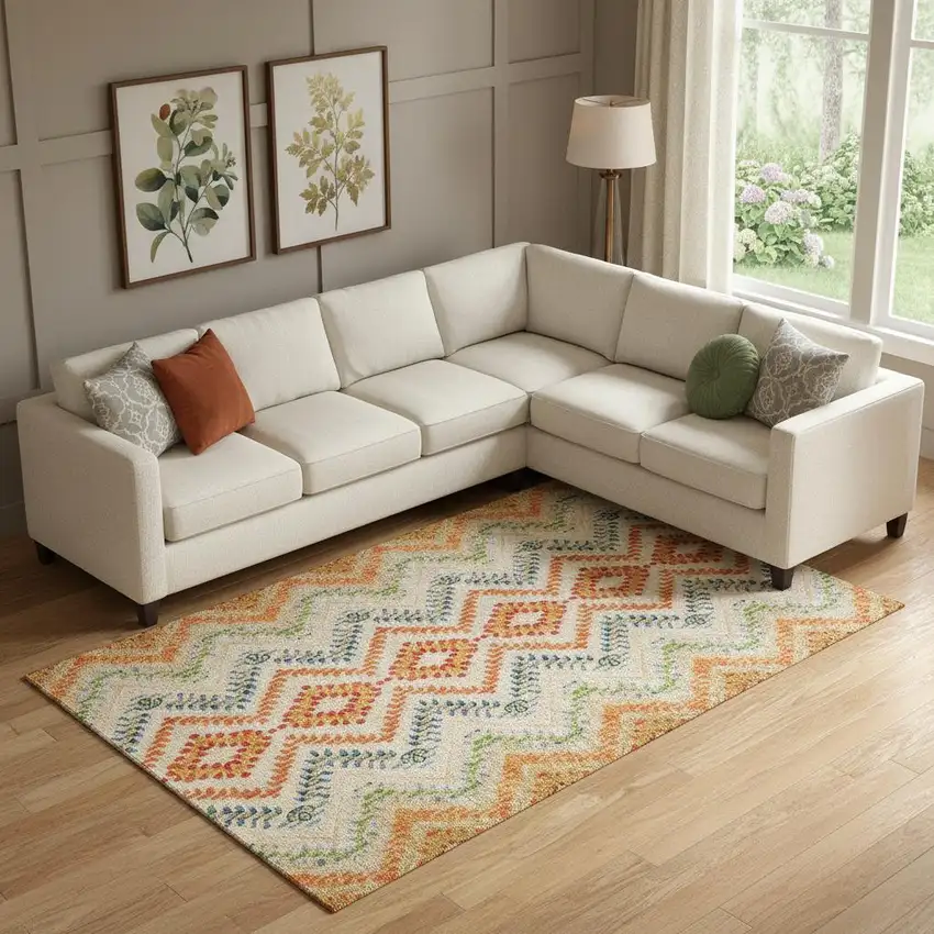 Beige Orange And Blue Geometric Washable Area Rug With UV Protection Photo 1