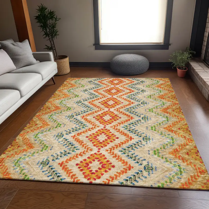 Beige Orange And Blue Geometric Washable Area Rug With UV Protection Photo 4