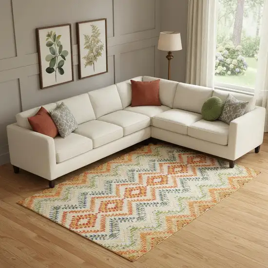 Beige Orange And Blue Geometric Washable Area Rug With UV Protection Photo 1
