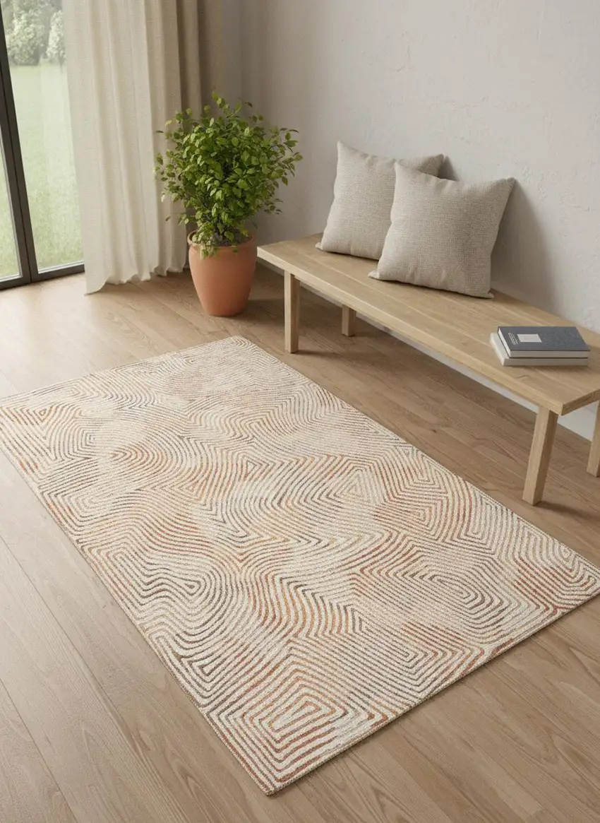 Beige Orange And Brown Geometric Washable Area Rug With UV Protection Photo 1