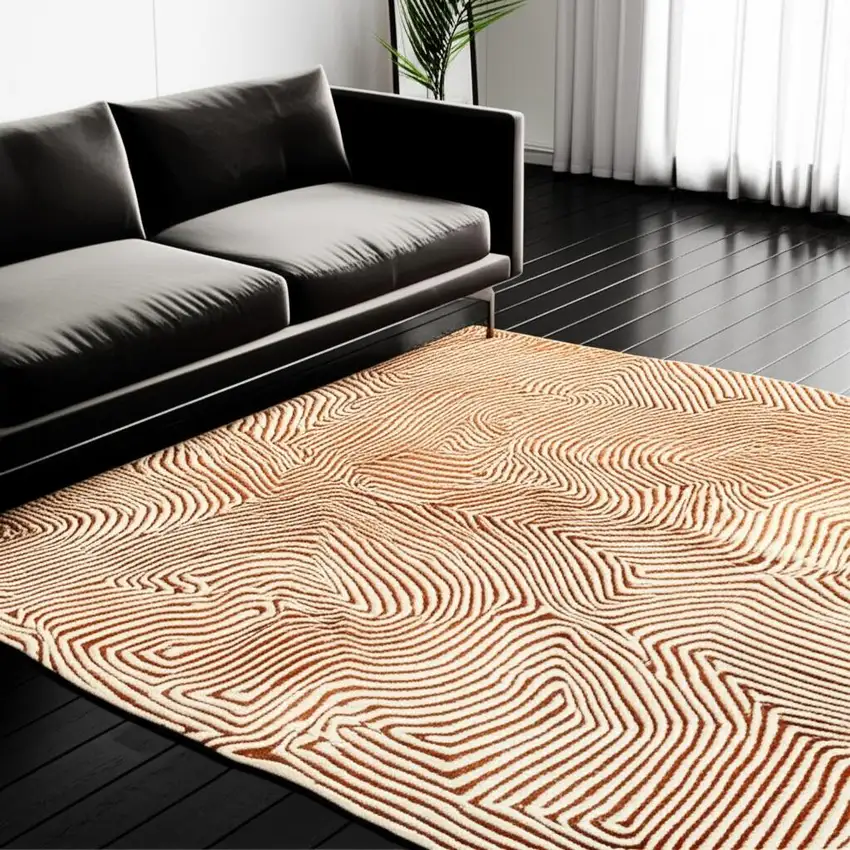 Beige Orange And Brown Geometric Washable Area Rug With UV Protection Photo 1