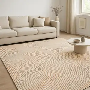 Photo of Beige Orange And Brown Geometric Washable Area Rug With UV Protection