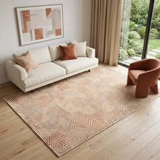 Beige Orange And Brown Geometric Washable Area Rug With UV Protection Photo 1