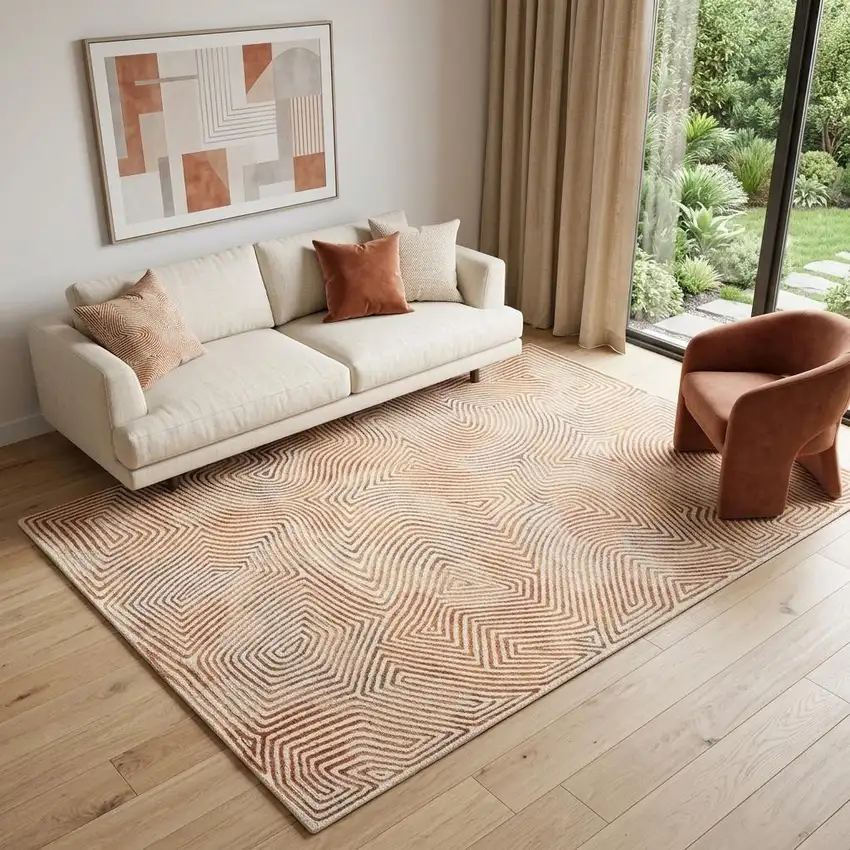 Beige Orange And Brown Geometric Washable Area Rug With UV Protection Photo 1