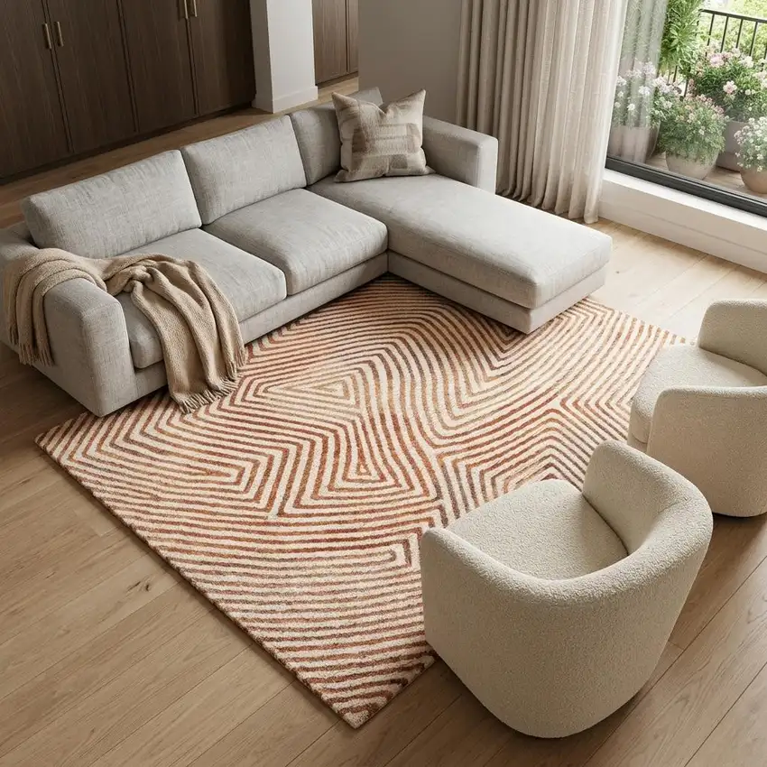 Beige Orange And Brown Geometric Washable Area Rug With UV Protection Photo 1