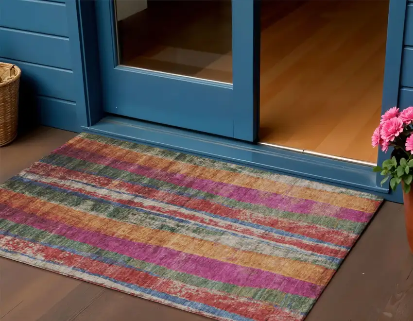 Beige Orange And Fern Green Striped Washable Indoor Outdoor Area Rug Photo 2